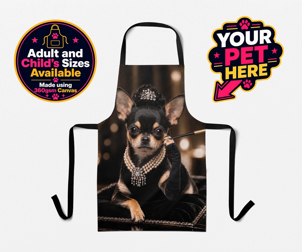 Personalised Breakfast at ... dog apron featuring a glamorous black velvet gown and pearls