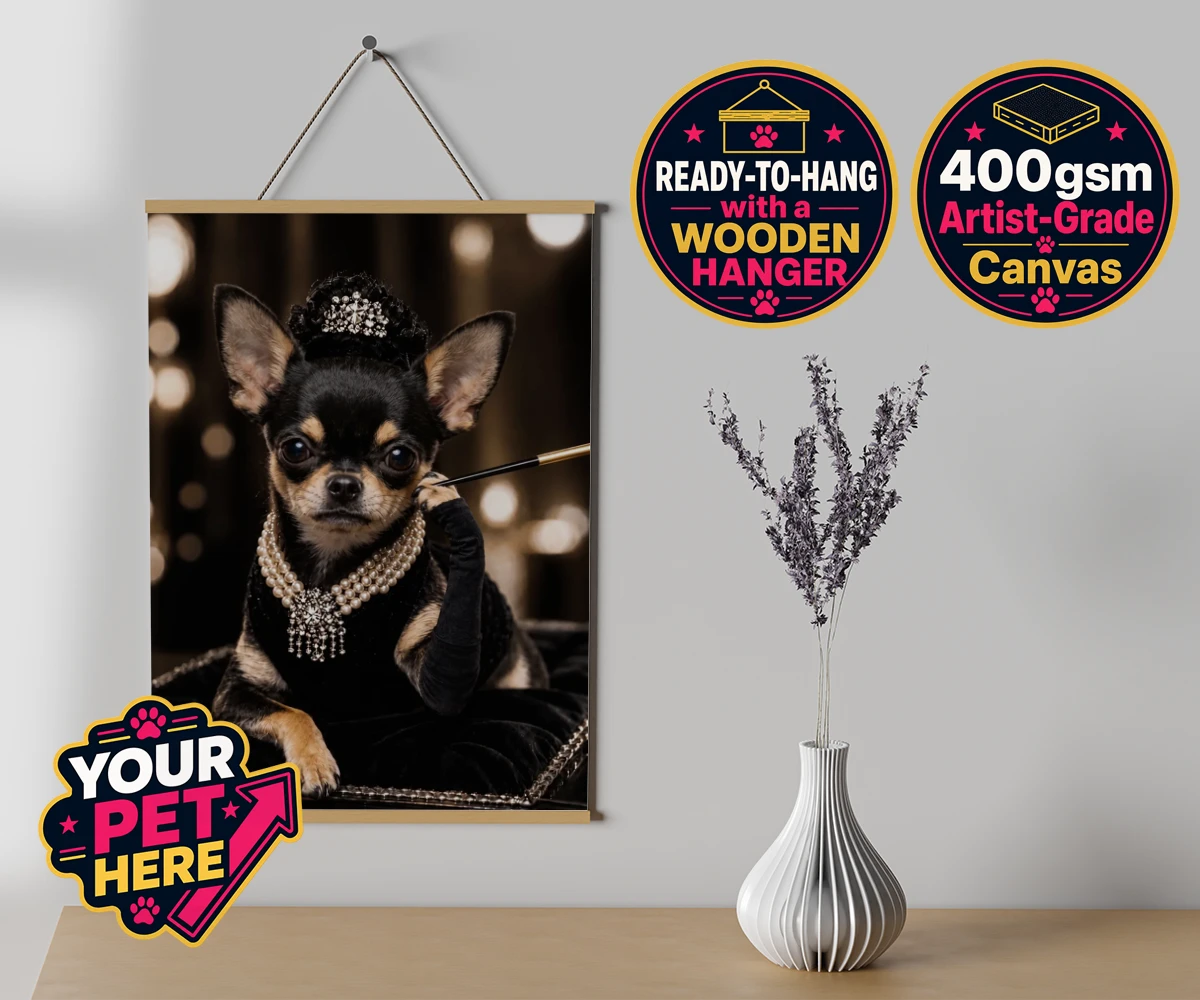 Personalised Breakfast at ... dog canvas poster prints with hanger featuring step into a whimsical world of glamour with our delightful "Breakfast