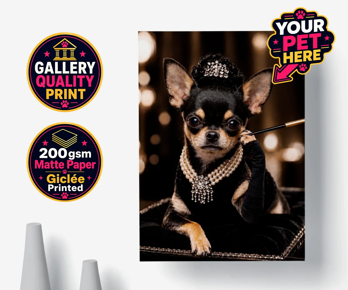 Personalised Breakfast at ... dog poster print featuring a dog in a black velvet gown and pearls