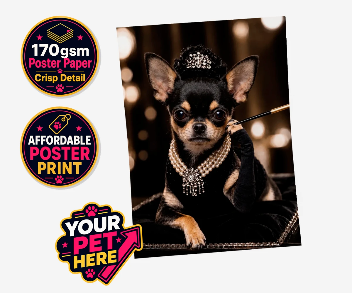 Personalised Breakfast at ... dog standard poster print featuring step into a whimsical world of glamour with our delightful "Breakfast