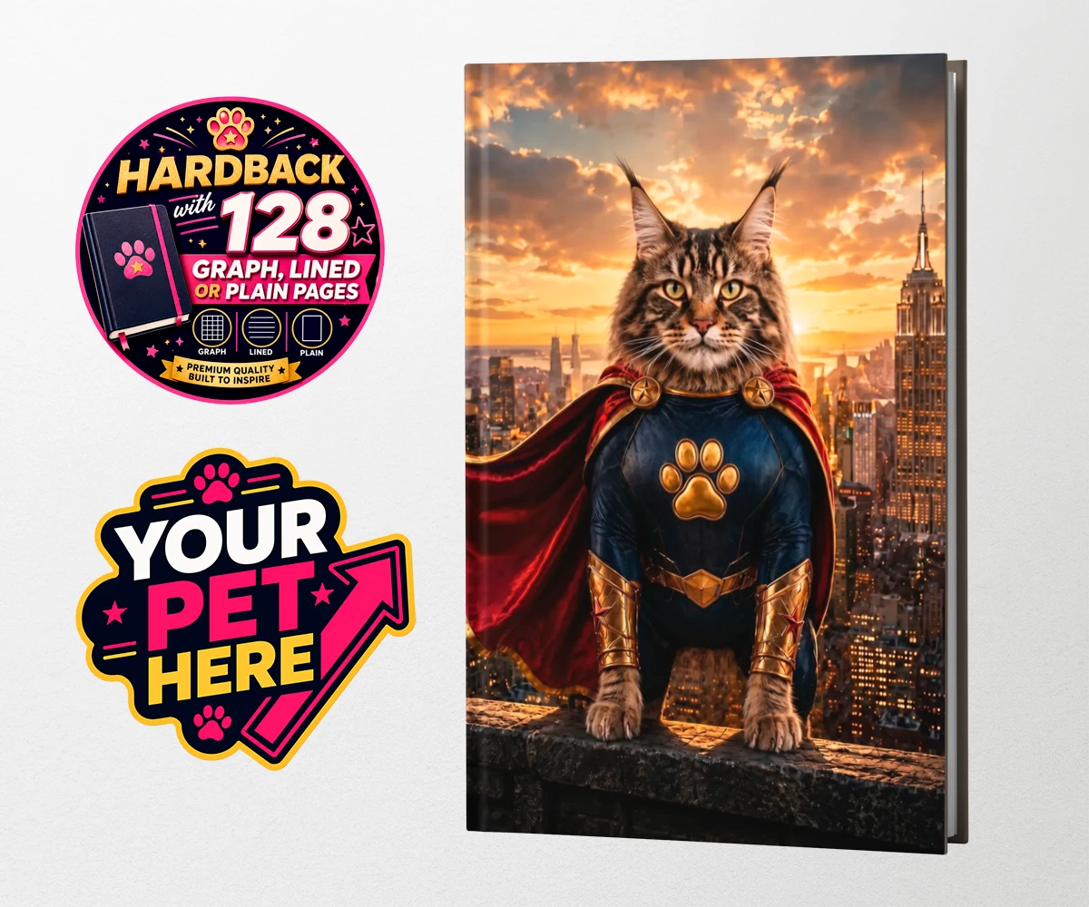 Personalised Super Paw cat hardback notebooks featuring the feline hero ready to charm every cat lover!