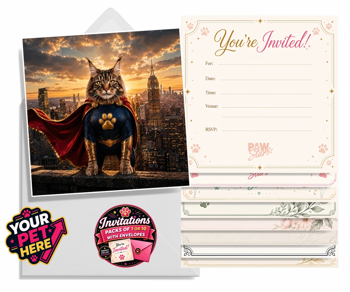 Personalised Super Paw cat invitations featuring the feline hero ready to charm every cat lover!