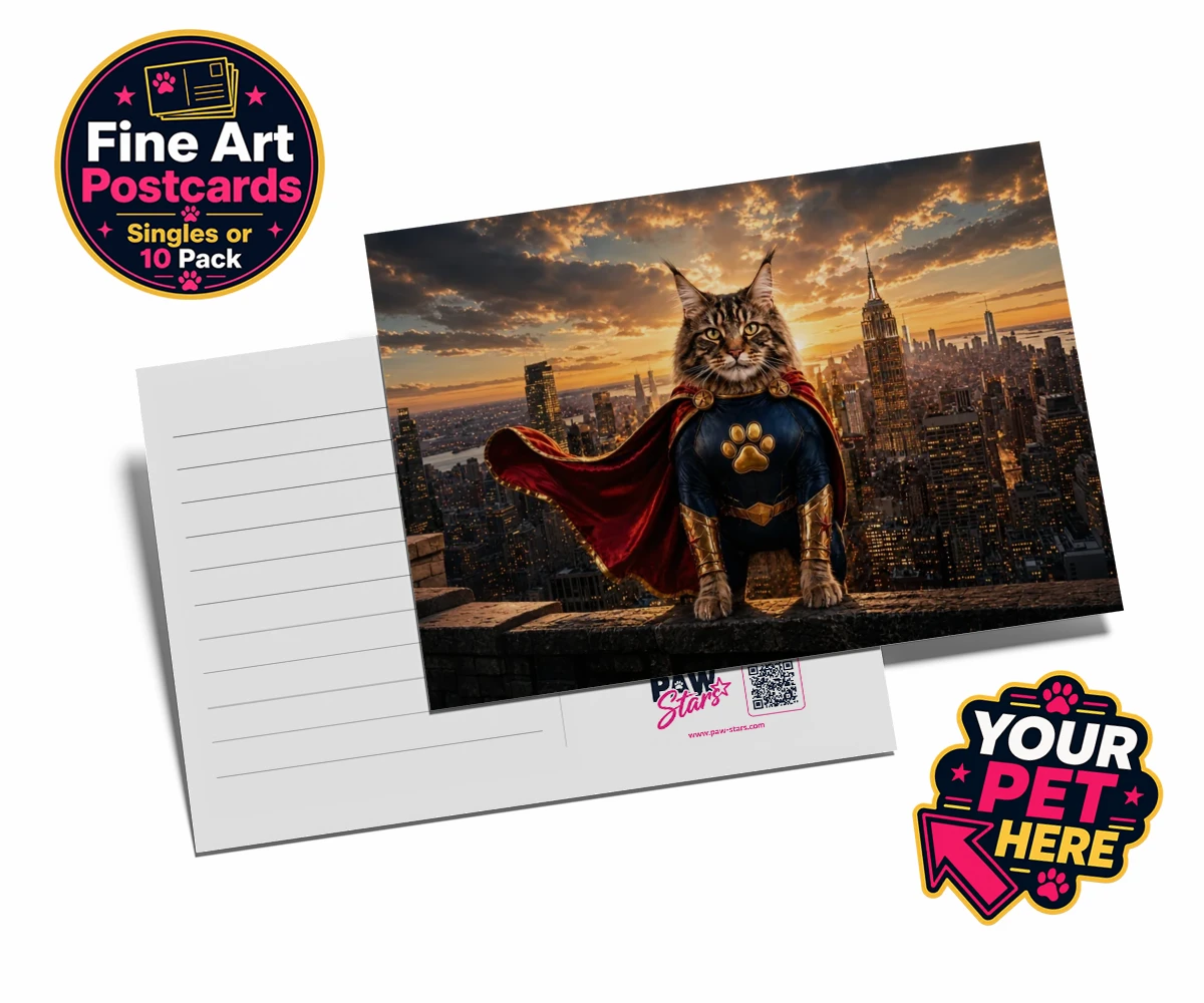 Personalised Super Paw cat postcards featuring the feline hero ready to charm every cat lover!