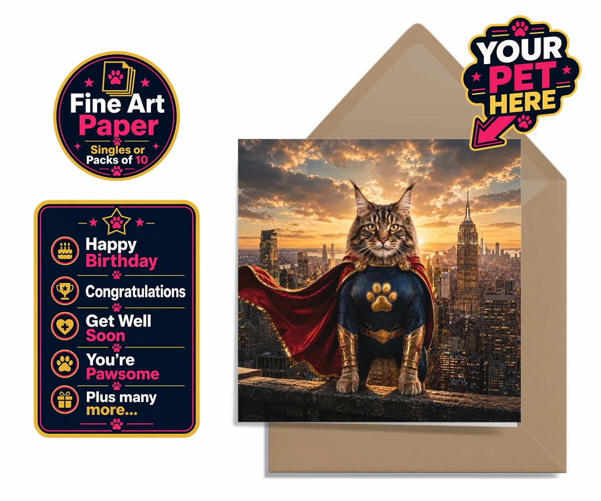 Personalised Super Paw cat premium greetings cards featuring the feline hero ready to charm every cat lover!