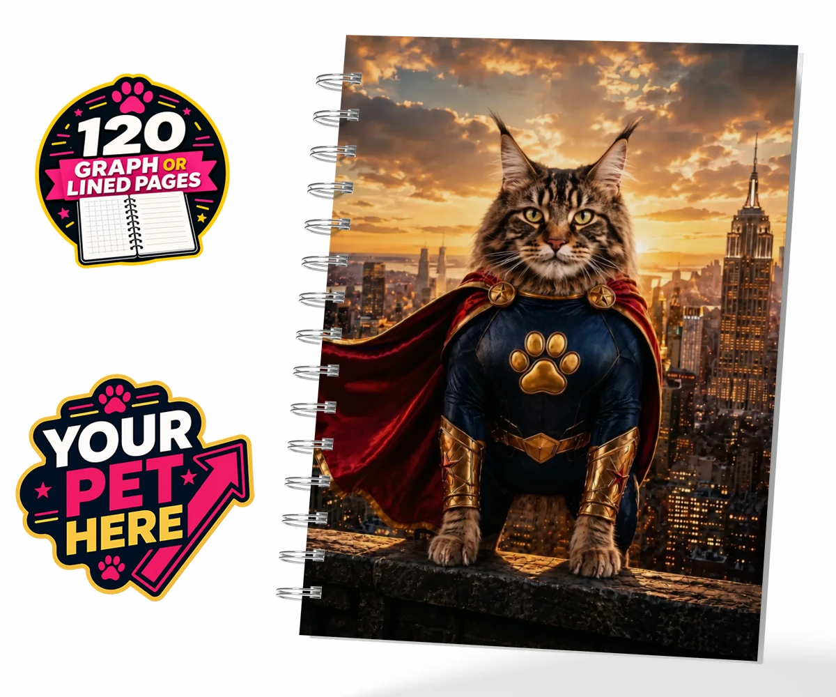 Personalised Super Paw cat spiral notebook featuring the feline hero ready to charm every cat lover!