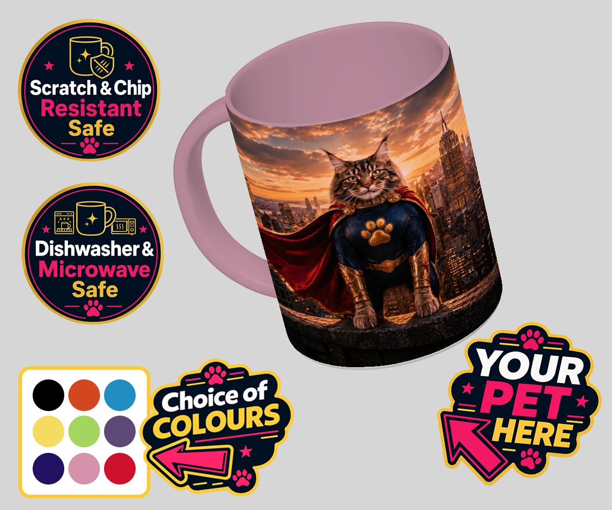 Personalised Super Paw cat coloured photo mugs featuring the feline hero ready to charm every cat lover!