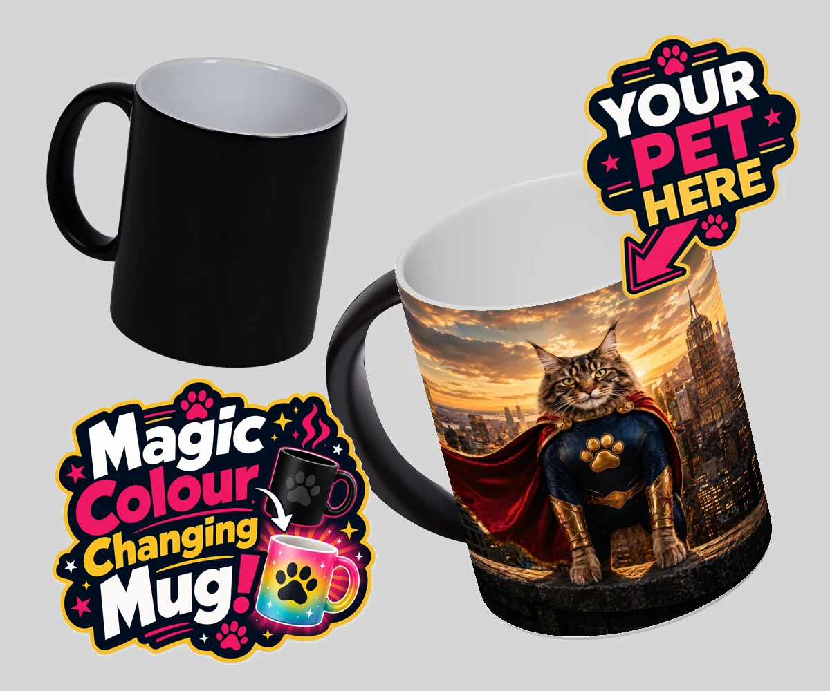 Personalised Super Paw cat magic photo mugs featuring the feline hero ready to charm every cat lover!