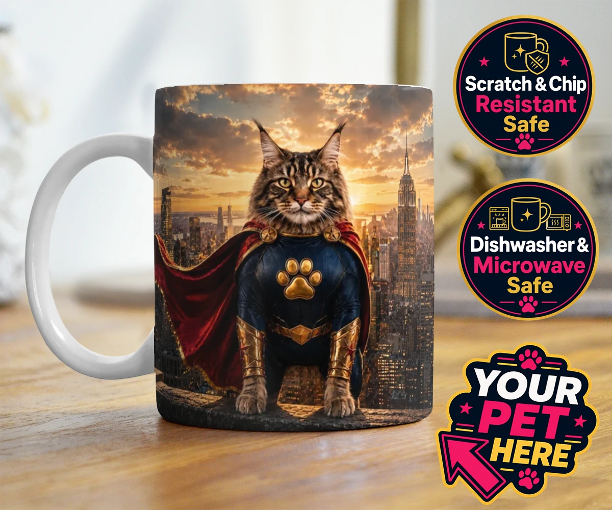 Personalised Super Paw cat photo mugs featuring the feline hero ready to charm every cat lover!