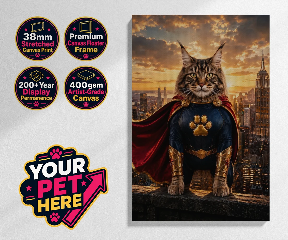 Personalised Super Paw cat stretched canvas print featuring the feline hero ready to charm every cat lover!