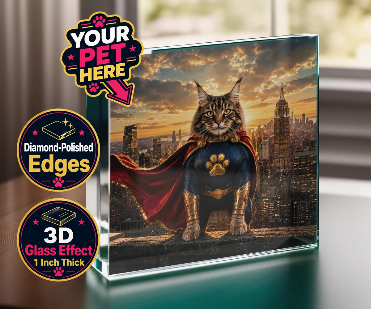 Personalised Super Paw cat acrylic prisms featuring the feline hero ready to charm every cat lover!