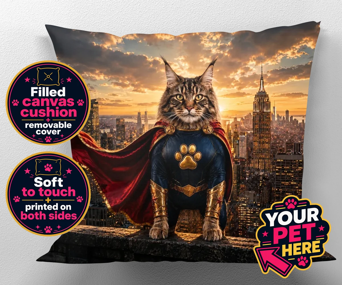 Personalised Super Paw cat canvas cushions featuring the feline hero ready to charm every cat lover!
