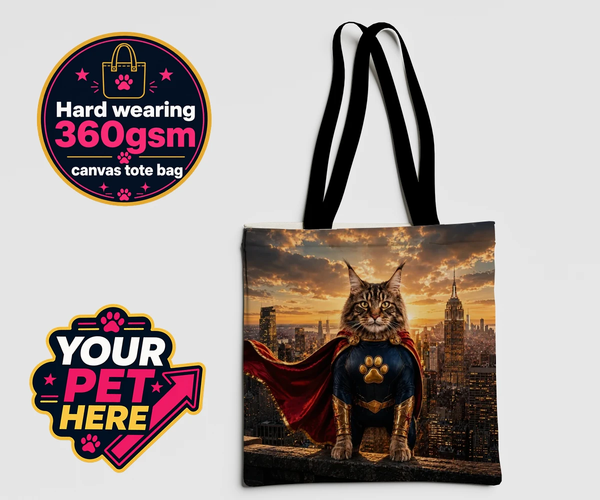 Personalised Super Paw cat canvas tote bags featuring the feline hero ready to charm every cat lover!