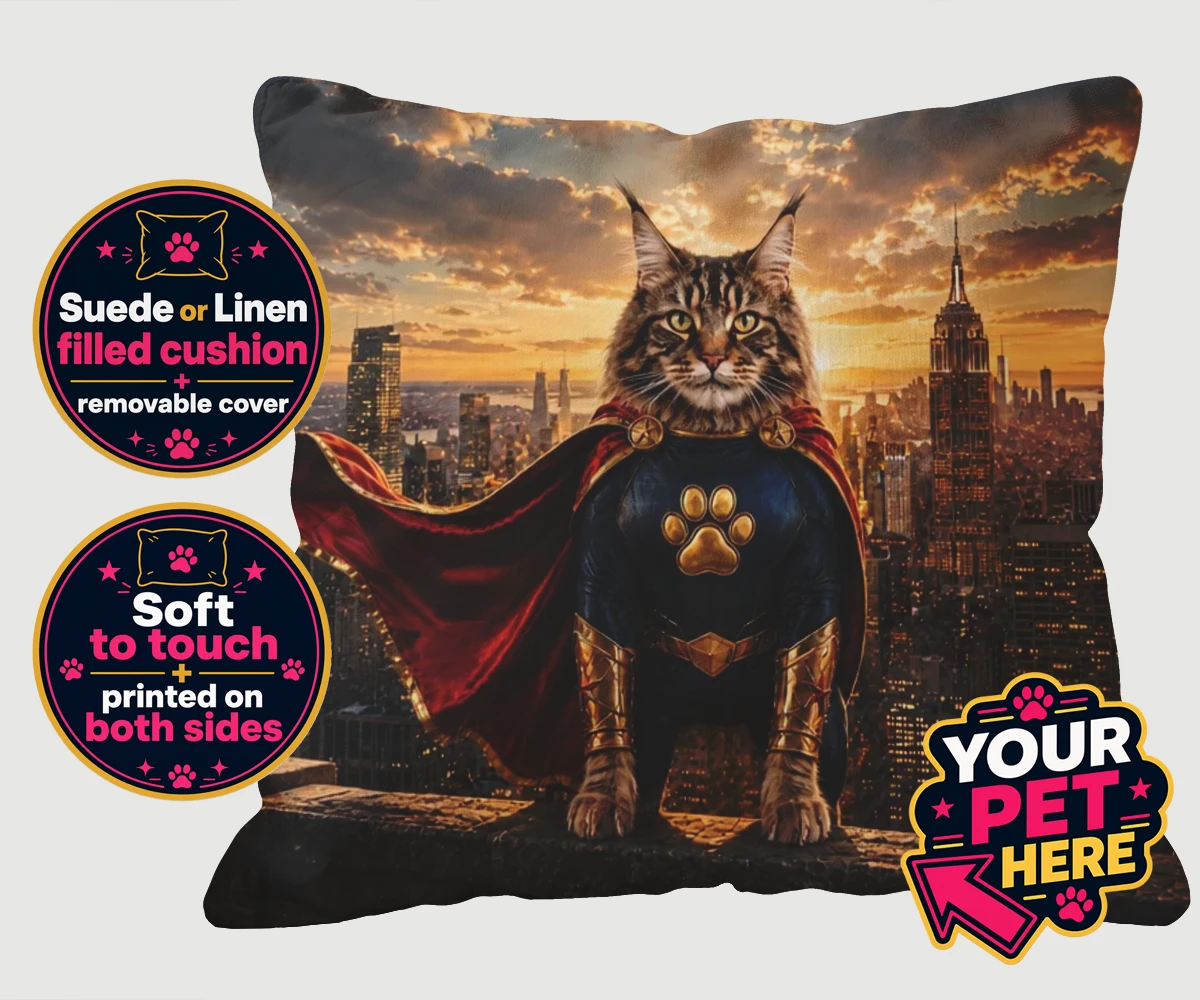 Personalised Super Paw cat cushions featuring the feline hero ready to charm every cat lover!