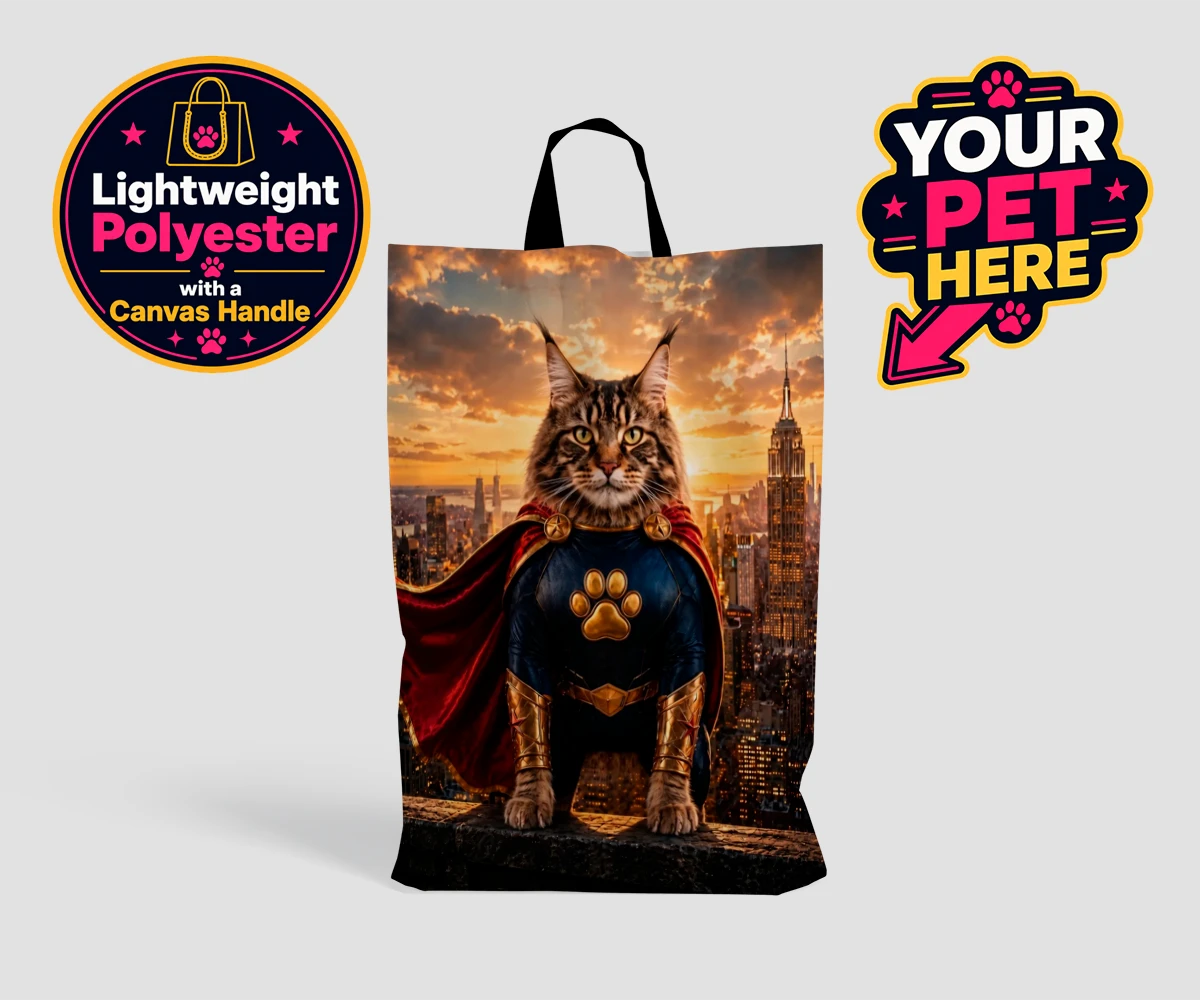 Personalised Super Paw cat shopping bags featuring the feline hero ready to charm every cat lover!