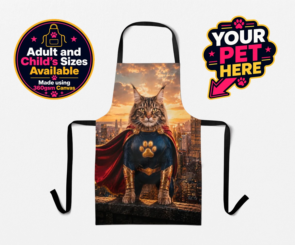 Personalised Super Paw cat aprons featuring the feline hero ready to charm every cat lover!