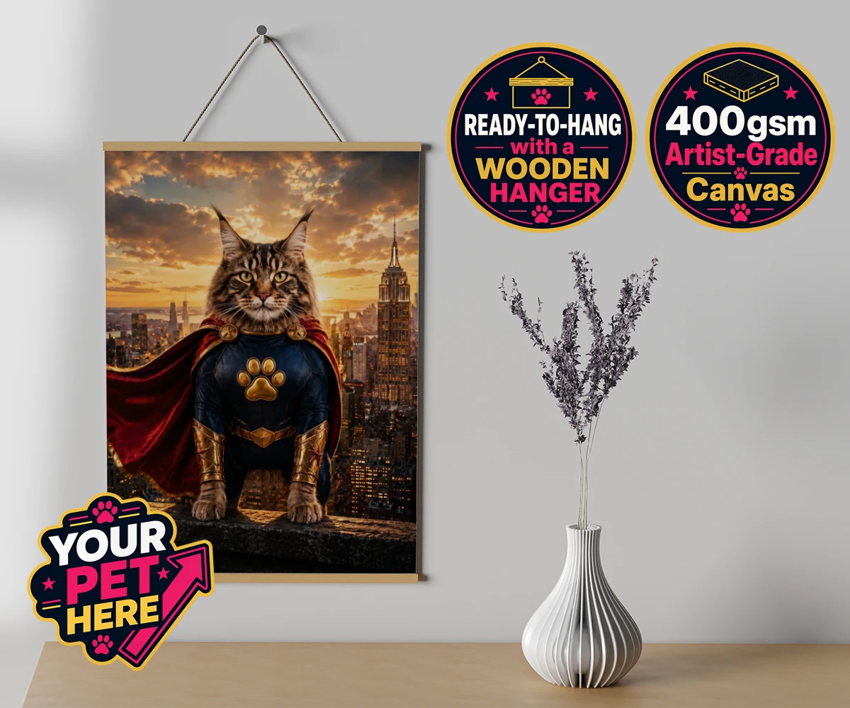 Personalised Super Paw cat canvas poster prints with hanger featuring the feline hero ready to charm every cat lover!