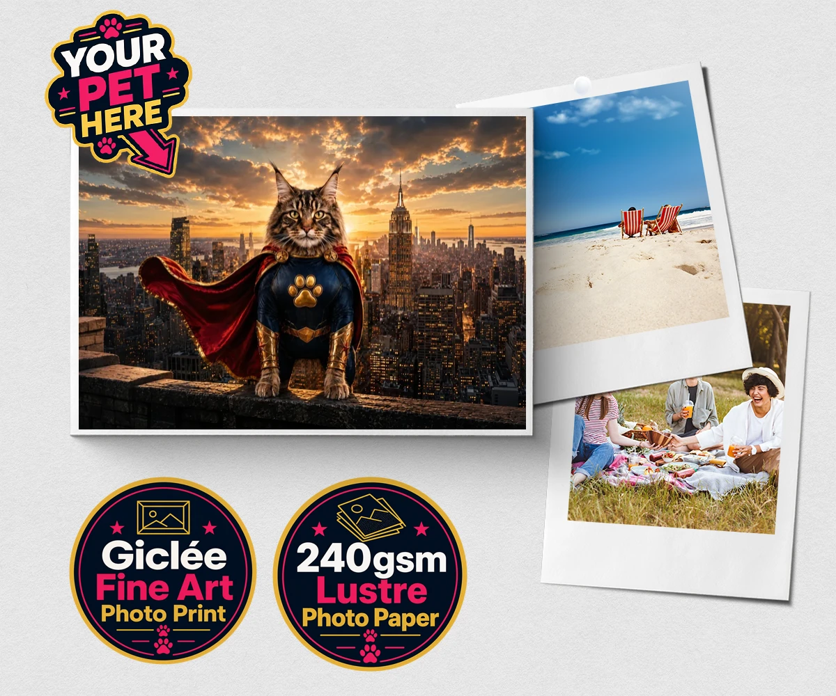 Personalised Super Paw cat premium photo print featuring the feline hero ready to charm every cat lover!