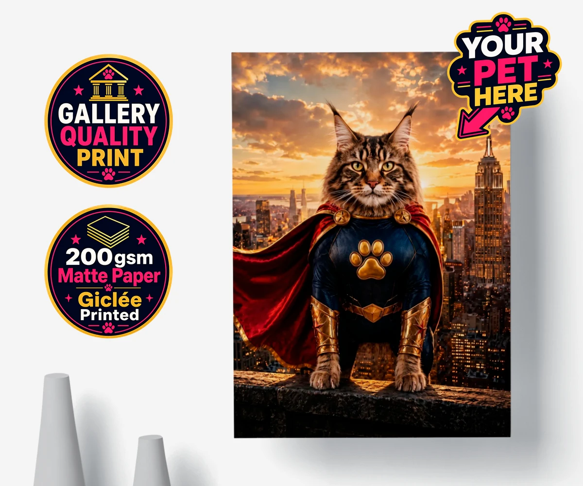Personalised poster print of Super Paw, a cat in a superhero costume with a red cape against a sunset skyline