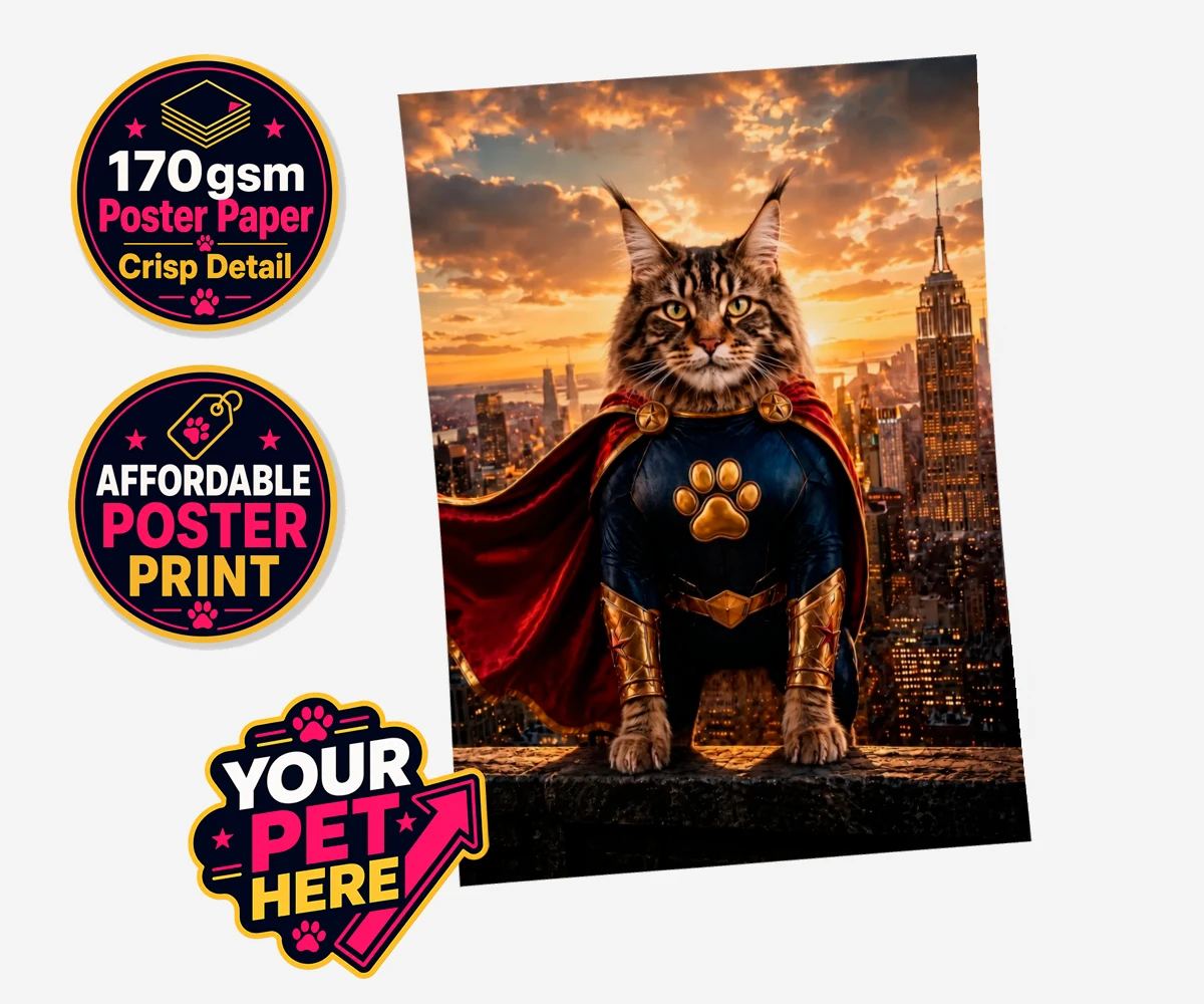 Personalised Super Paw cat standard poster print featuring the feline hero ready to charm every cat lover!