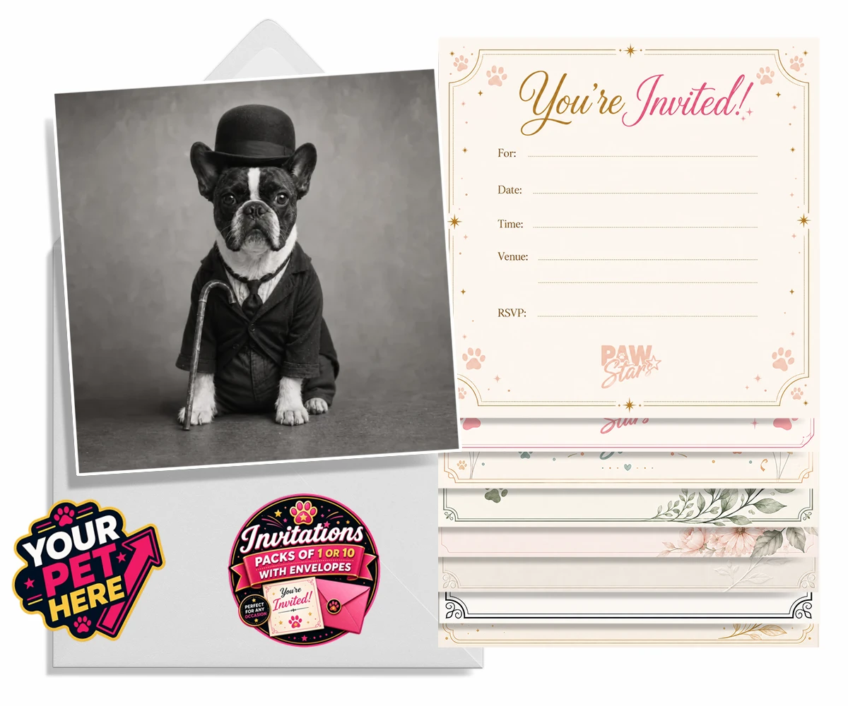 Personalised The Funny Chap dog invitations featuring meet The Funny Chap, a charming canine character that brings a sprinkl