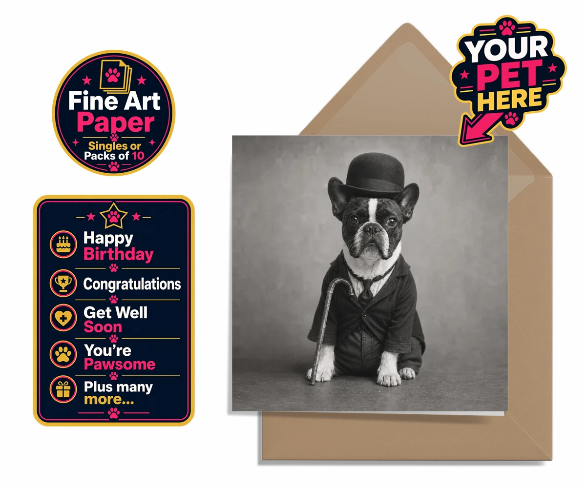 Personalised The Funny Chap dog premium greetings cards featuring meet The Funny Chap, a charming canine character that brings a sprinkl