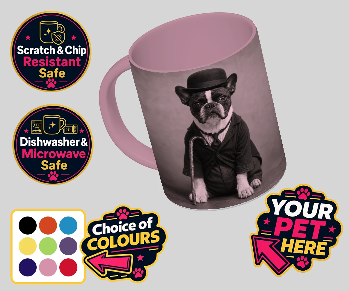 Personalised The Funny Chap dog coloured photo mugs featuring meet The Funny Chap, a charming canine character that brings a sprinkl