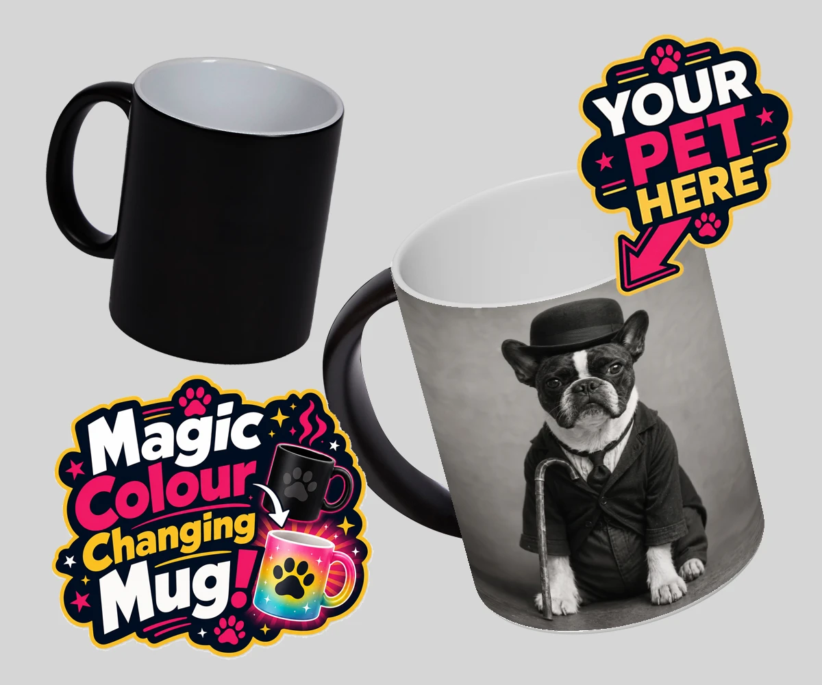 Personalised The Funny Chap dog magic photo mugs featuring meet The Funny Chap, a charming canine character that brings a sprinkl