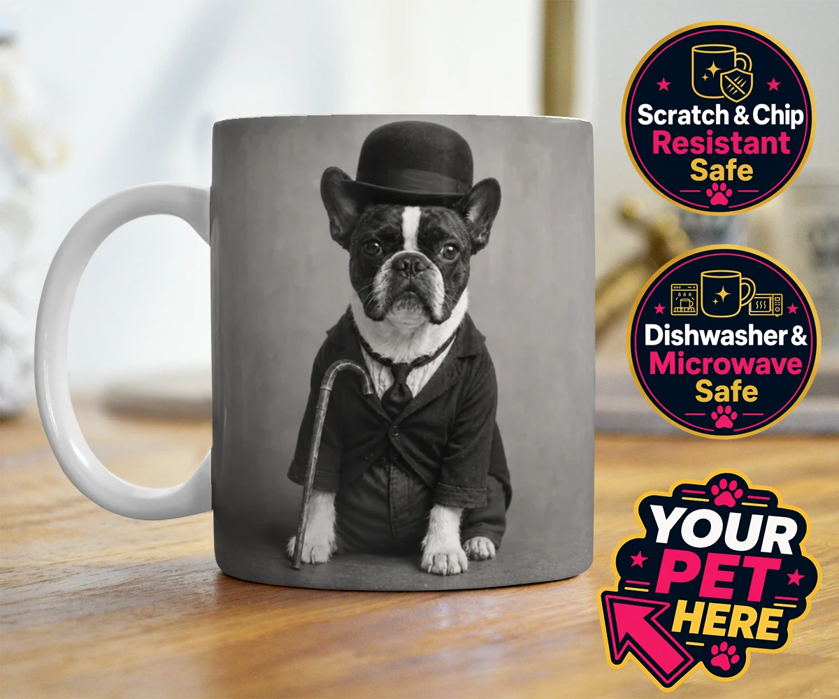 Personalised The Funny Chap dog photo mugs featuring meet The Funny Chap, a charming canine character that brings a sprinkl