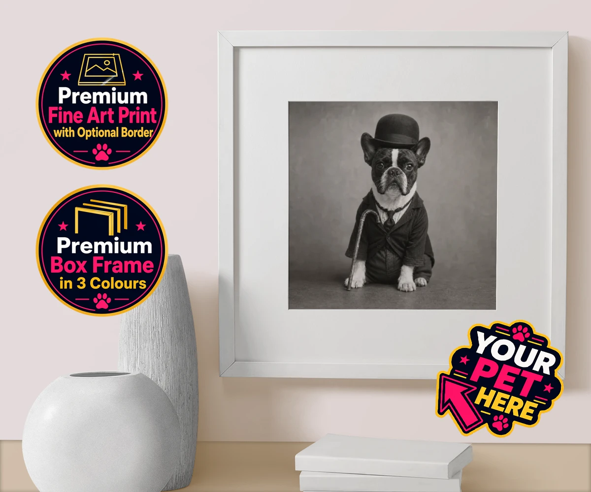 Personalised The Funny Chap dog box framed print featuring meet The Funny Chap, a charming canine character that brings a sprinkl