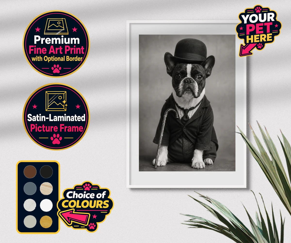 Personalised The Funny Chap dog premium framed print featuring meet The Funny Chap, a charming canine character that brings a sprinkl