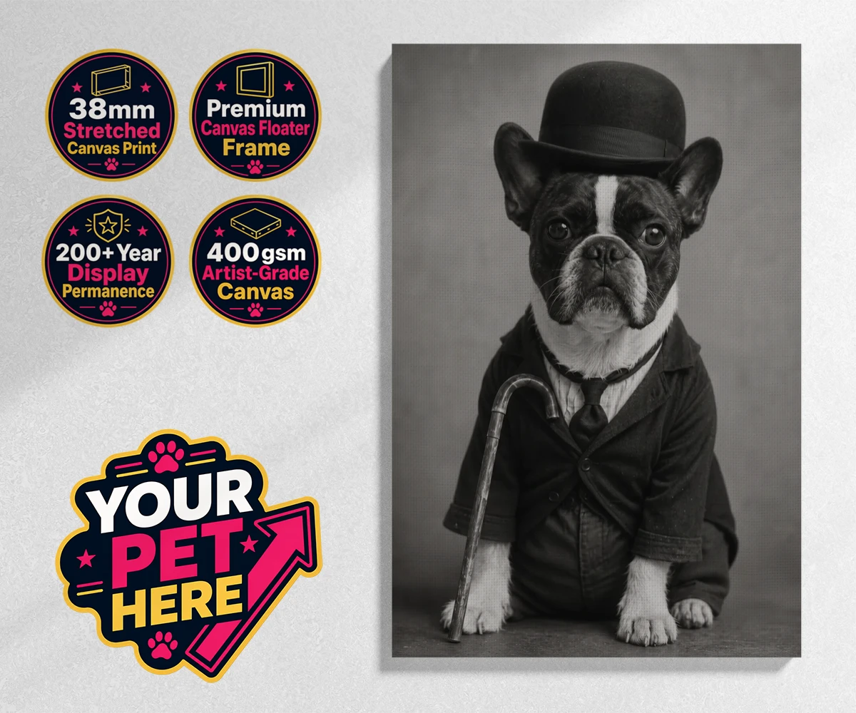 Personalised The Funny Chap dog stretched canvas print featuring meet The Funny Chap, a charming canine character that brings a sprinkl