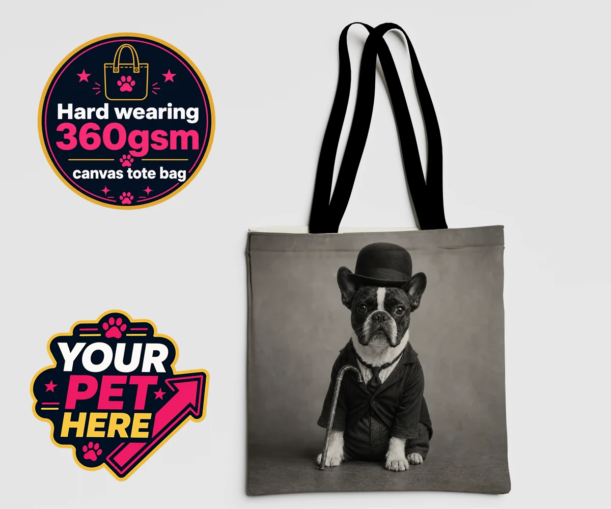 Personalised The Funny Chap dog canvas tote bags featuring meet The Funny Chap, a charming canine character that brings a sprinkl