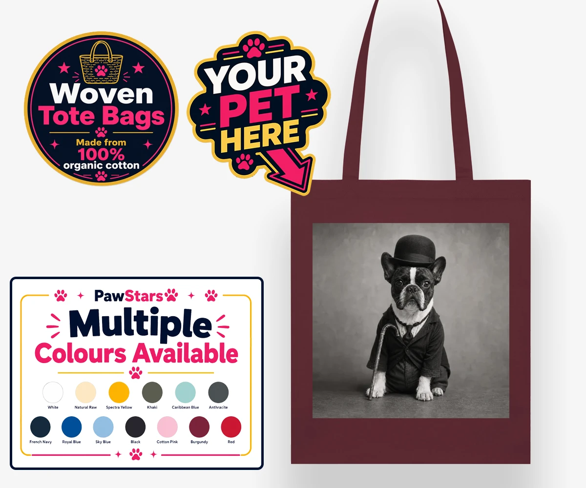 Personalised The Funny Chap dog woven tote bags featuring meet The Funny Chap, a charming canine character that brings a sprinkl