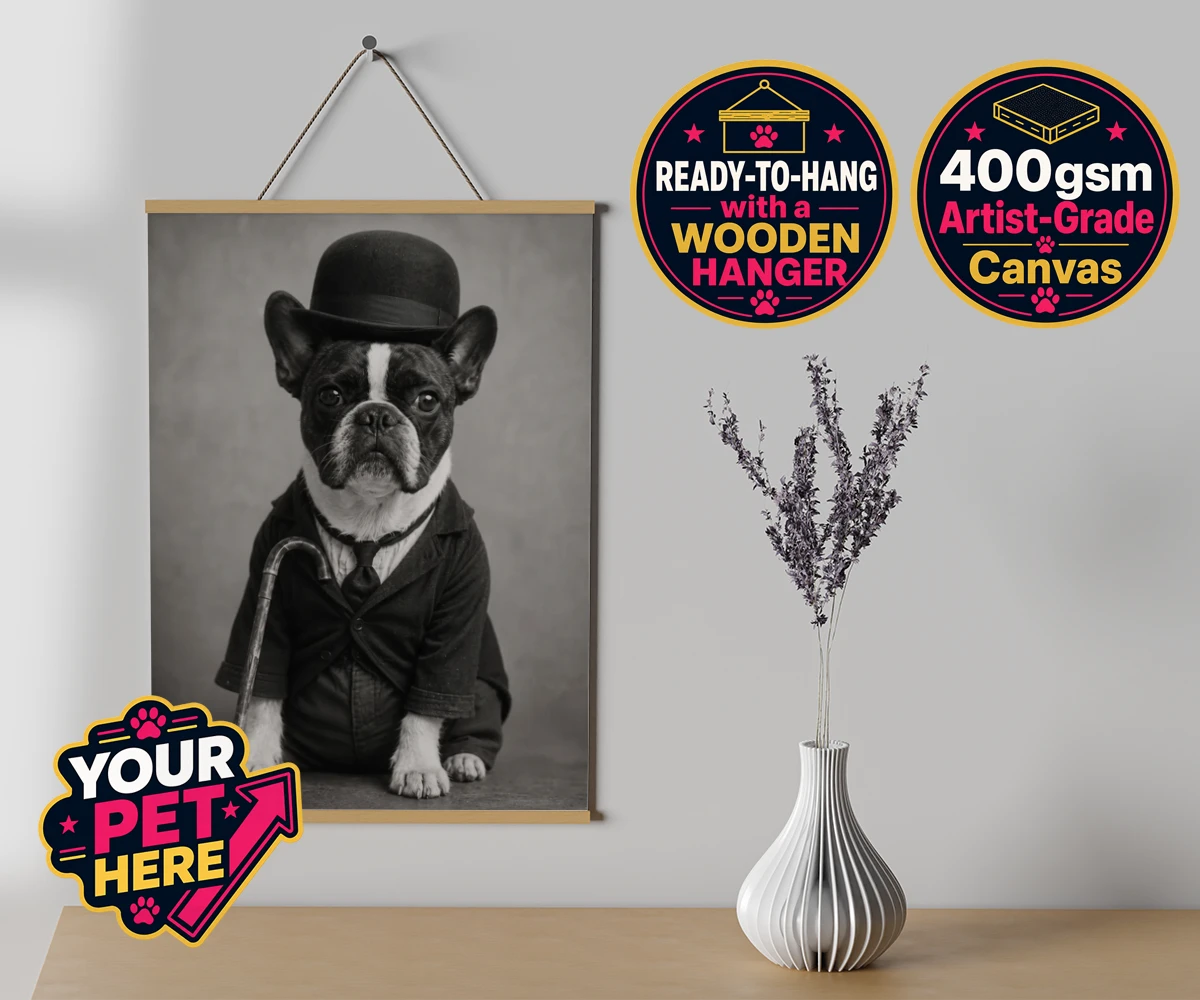 Personalised The Funny Chap dog canvas poster prints with hanger featuring meet The Funny Chap, a charming canine character that brings a sprinkl
