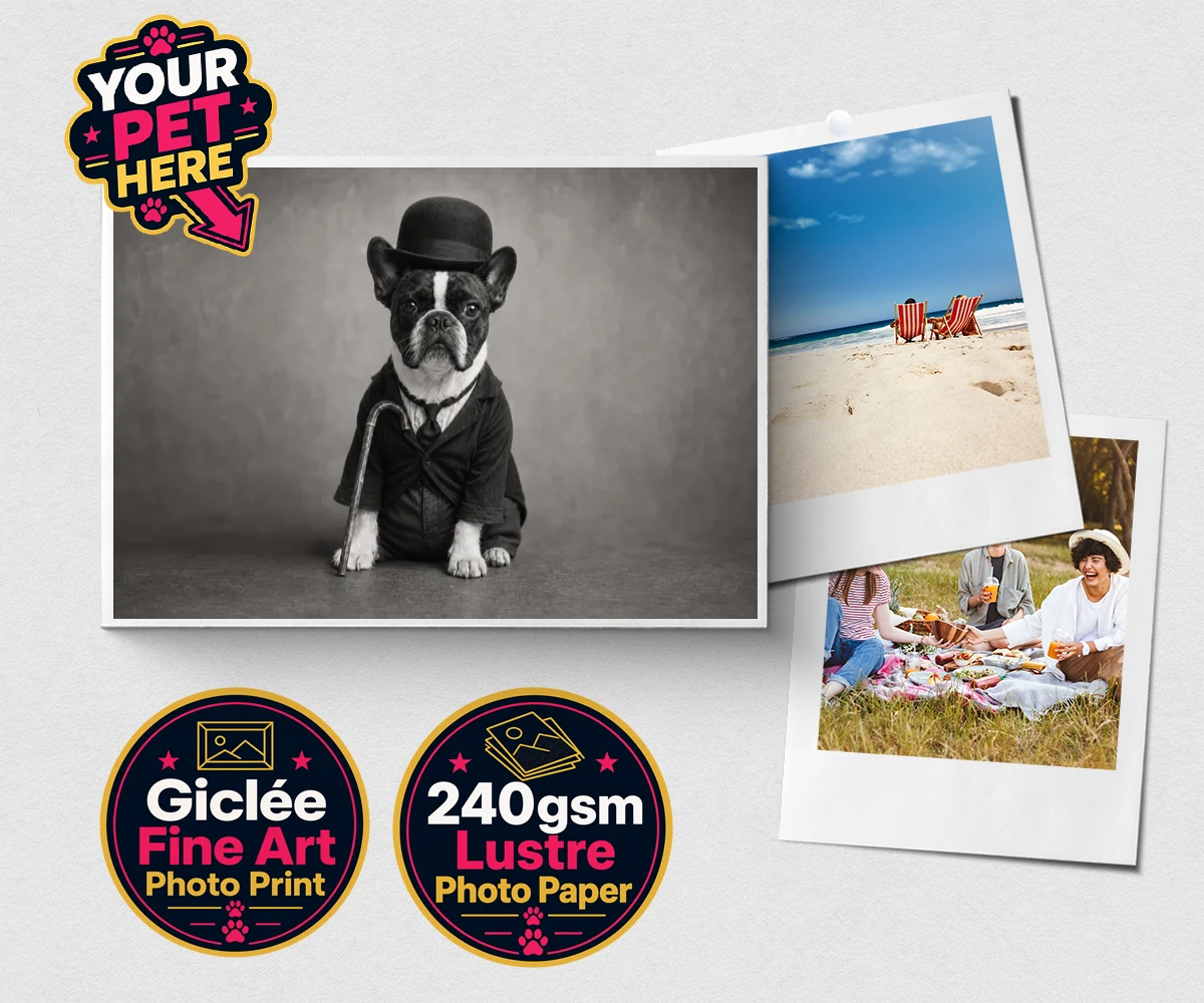 Personalised The Funny Chap dog premium photo print featuring meet The Funny Chap, a charming canine character that brings a sprinkl