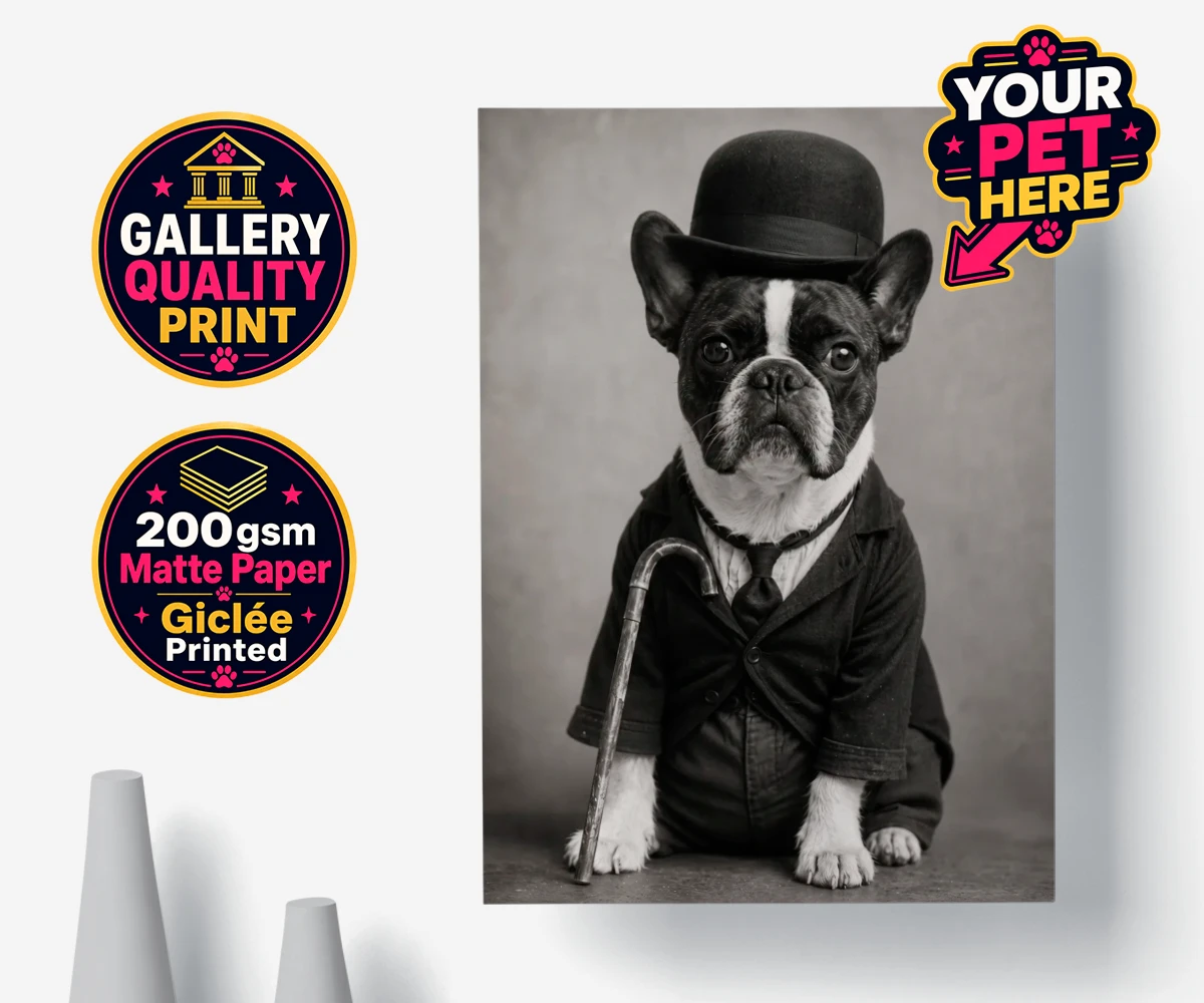 Personalised poster print of The Funny Chap dog in a vintage suit and bowler hat.