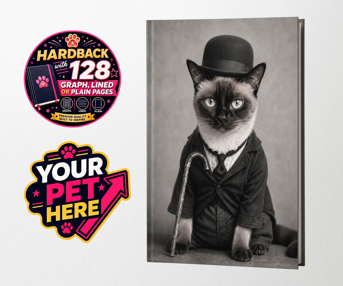 Personalised The Funny Chap cat hardback notebooks featuring meet The Funny Chap, a delightfully whimsical feline portrait that cap