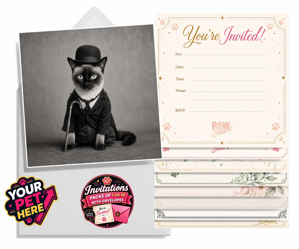Personalised The Funny Chap cat invitations featuring meet The Funny Chap, a delightfully whimsical feline portrait that cap