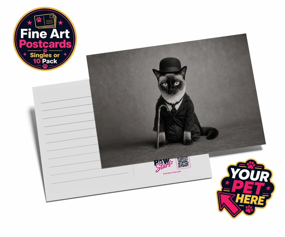 Personalised The Funny Chap cat postcards featuring meet The Funny Chap, a delightfully whimsical feline portrait that cap