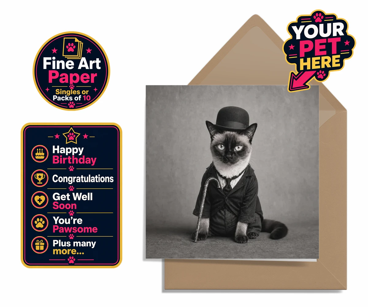Personalised The Funny Chap cat premium greetings cards featuring meet The Funny Chap, a delightfully whimsical feline portrait that cap