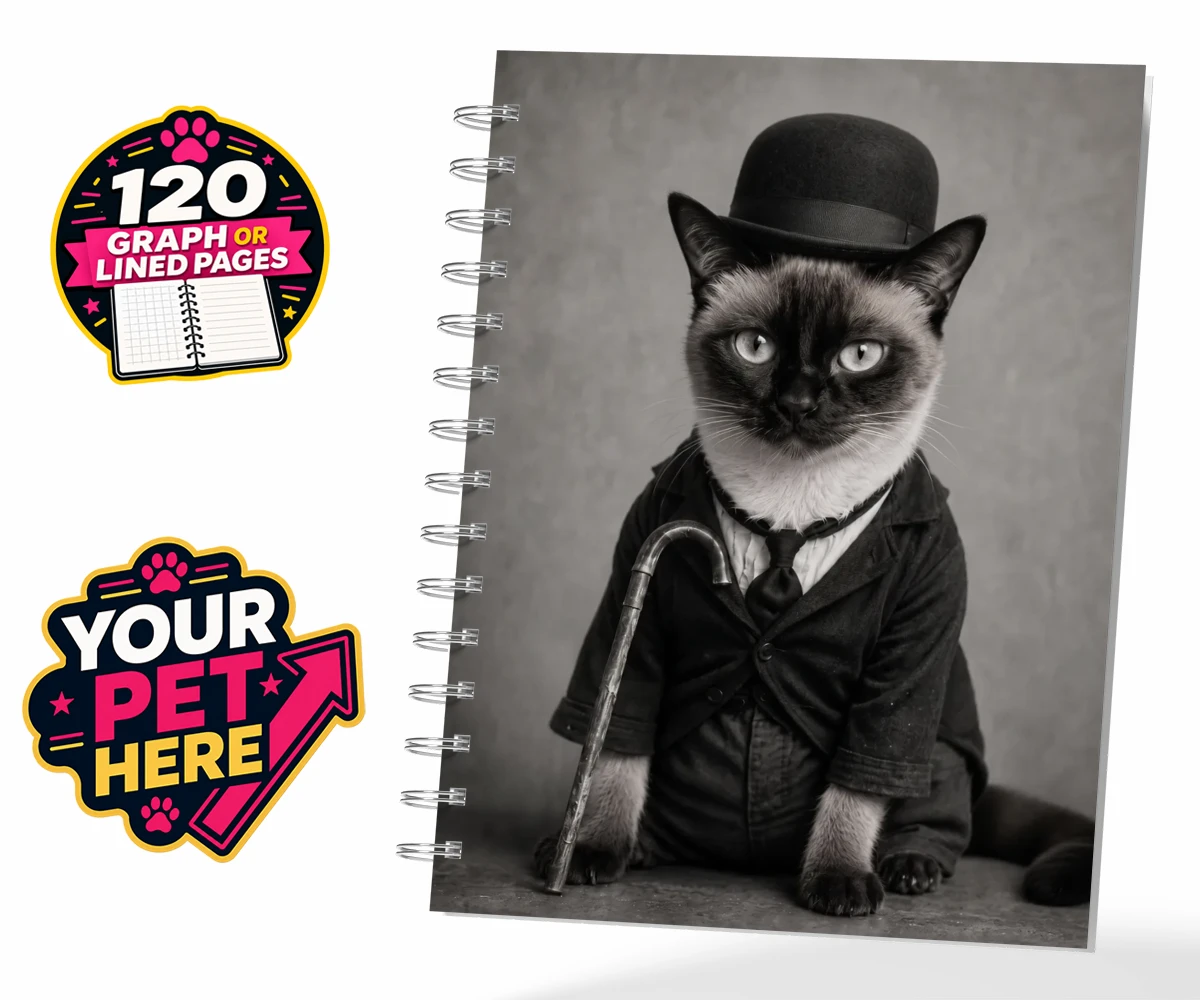Personalised The Funny Chap cat spiral notebook featuring meet The Funny Chap, a delightfully whimsical feline portrait that cap