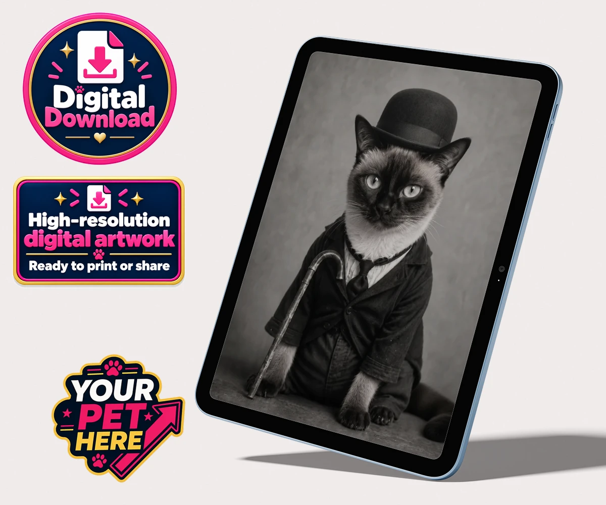 Personalised The Funny Chap cat personalised digital downloads featuring meet The Funny Chap, a delightfully whimsical feline portrait that cap