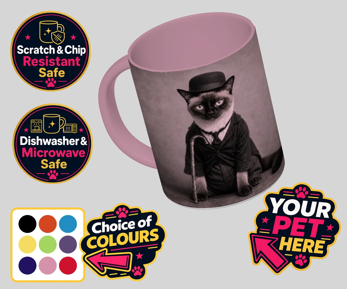 Personalised The Funny Chap cat coloured photo mugs featuring meet The Funny Chap, a delightfully whimsical feline portrait that cap