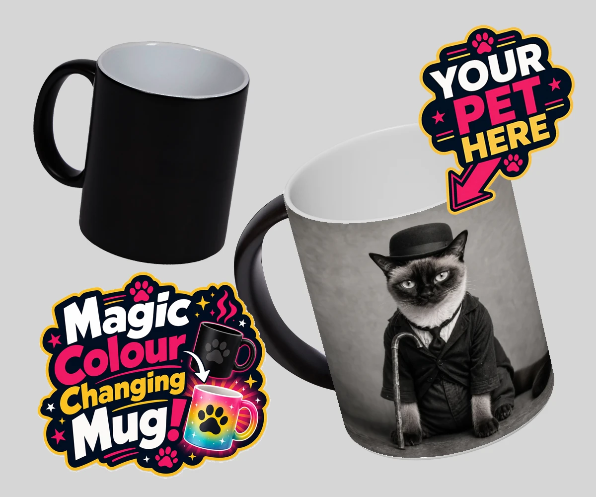 Personalised The Funny Chap cat magic photo mugs featuring meet The Funny Chap, a delightfully whimsical feline portrait that cap