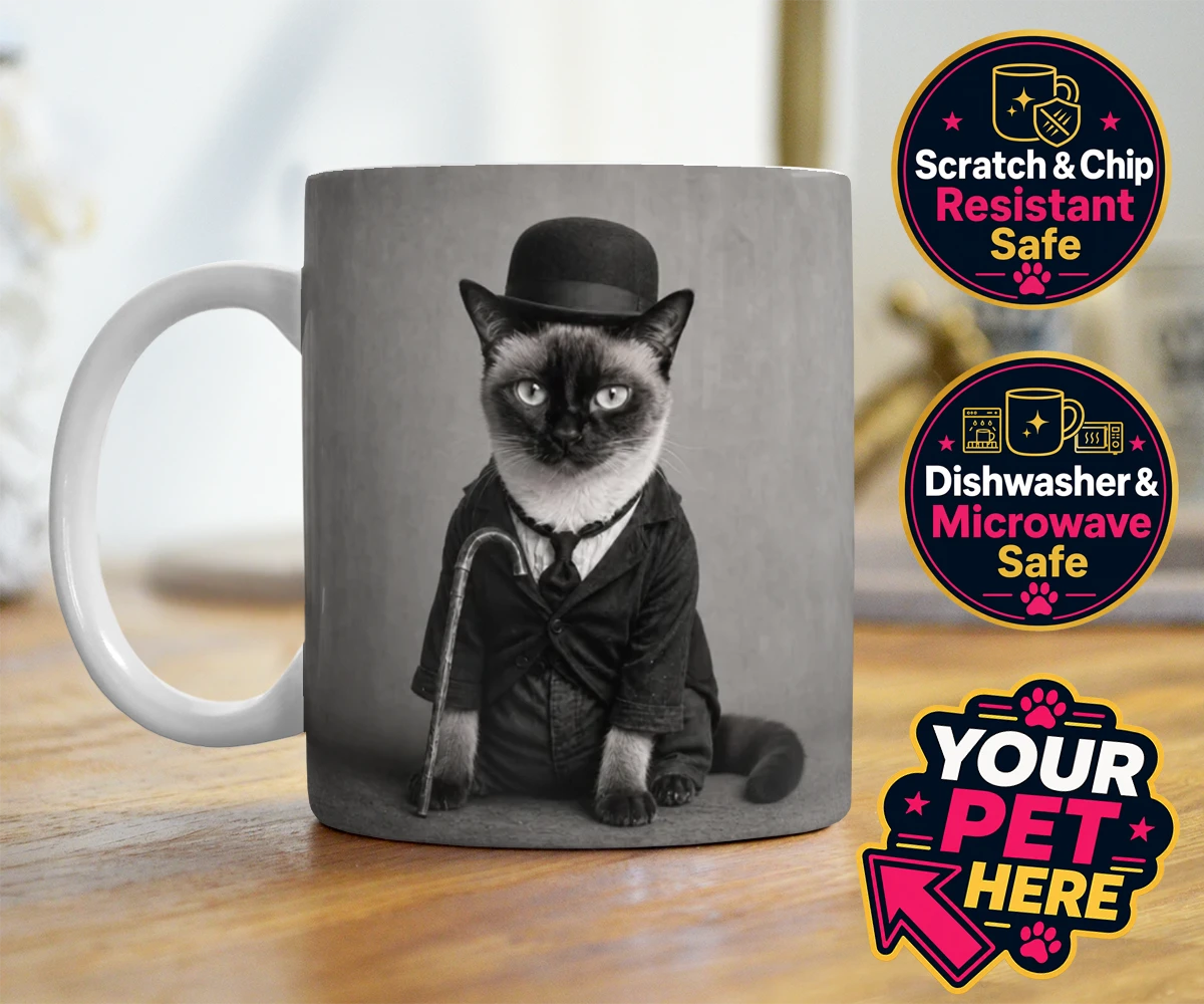 Personalised The Funny Chap cat photo mugs featuring meet The Funny Chap, a delightfully whimsical feline portrait that cap