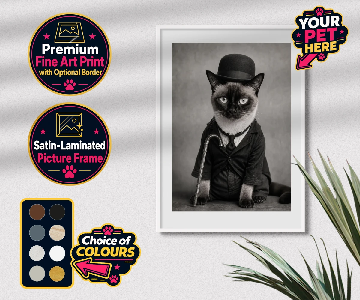 Personalised The Funny Chap cat premium framed print featuring meet The Funny Chap, a delightfully whimsical feline portrait that cap