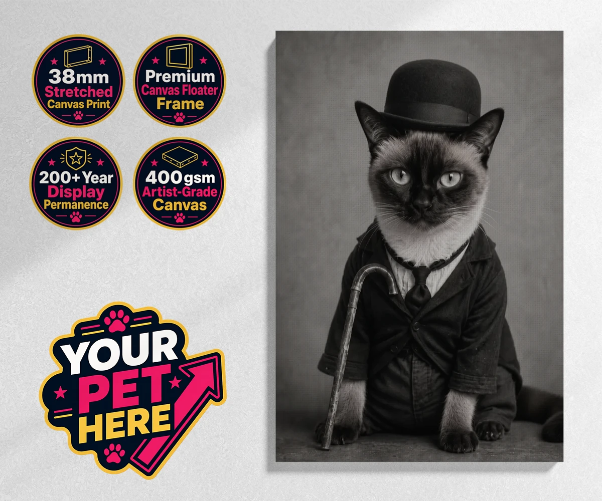 Personalised The Funny Chap cat stretched canvas print featuring meet The Funny Chap, a delightfully whimsical feline portrait that cap