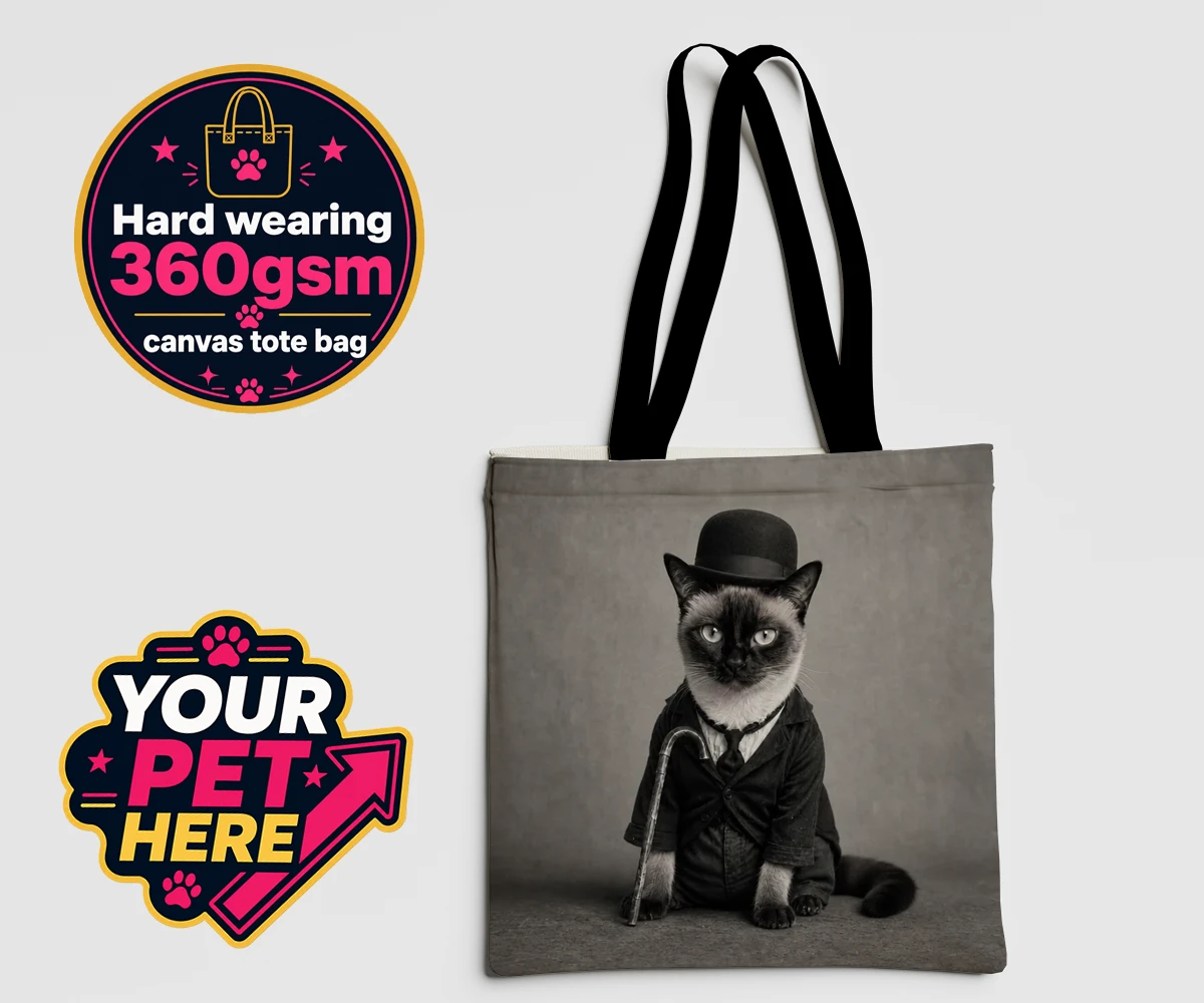 Personalised The Funny Chap cat canvas tote bags featuring meet The Funny Chap, a delightfully whimsical feline portrait that cap