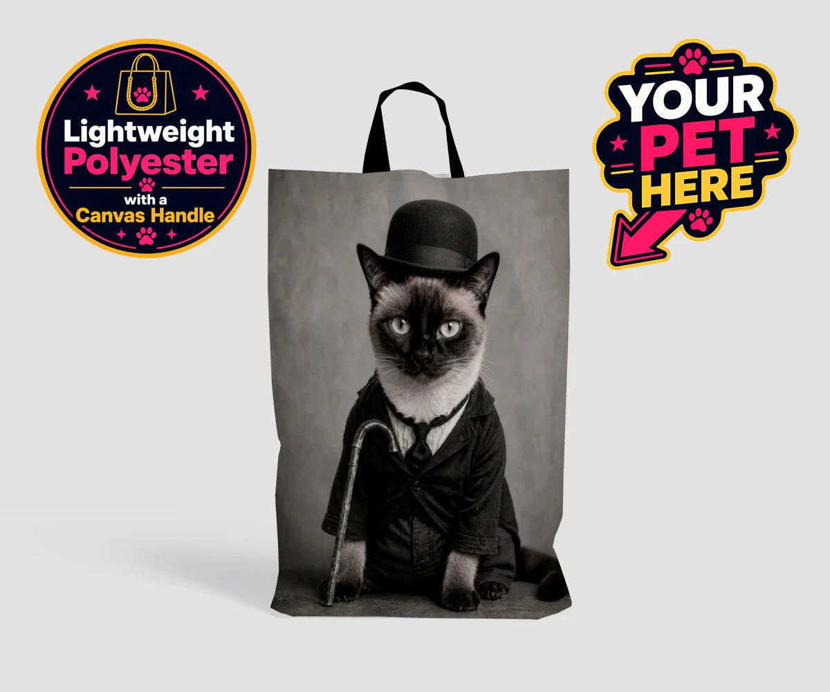 Personalised The Funny Chap cat shopping bags featuring meet The Funny Chap, a delightfully whimsical feline portrait that cap