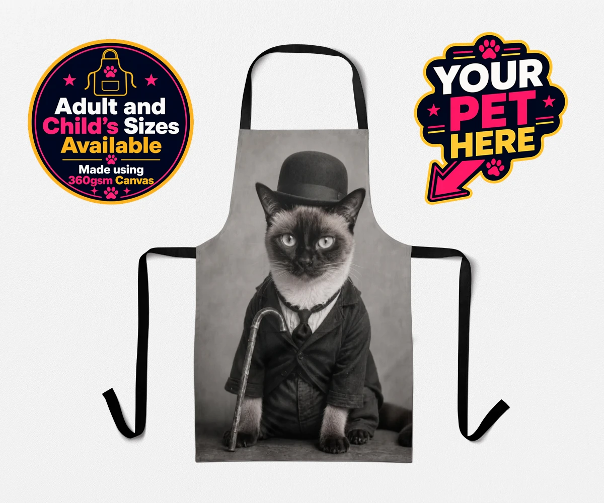 Personalised The Funny Chap cat aprons featuring meet The Funny Chap, a delightfully whimsical feline portrait that cap